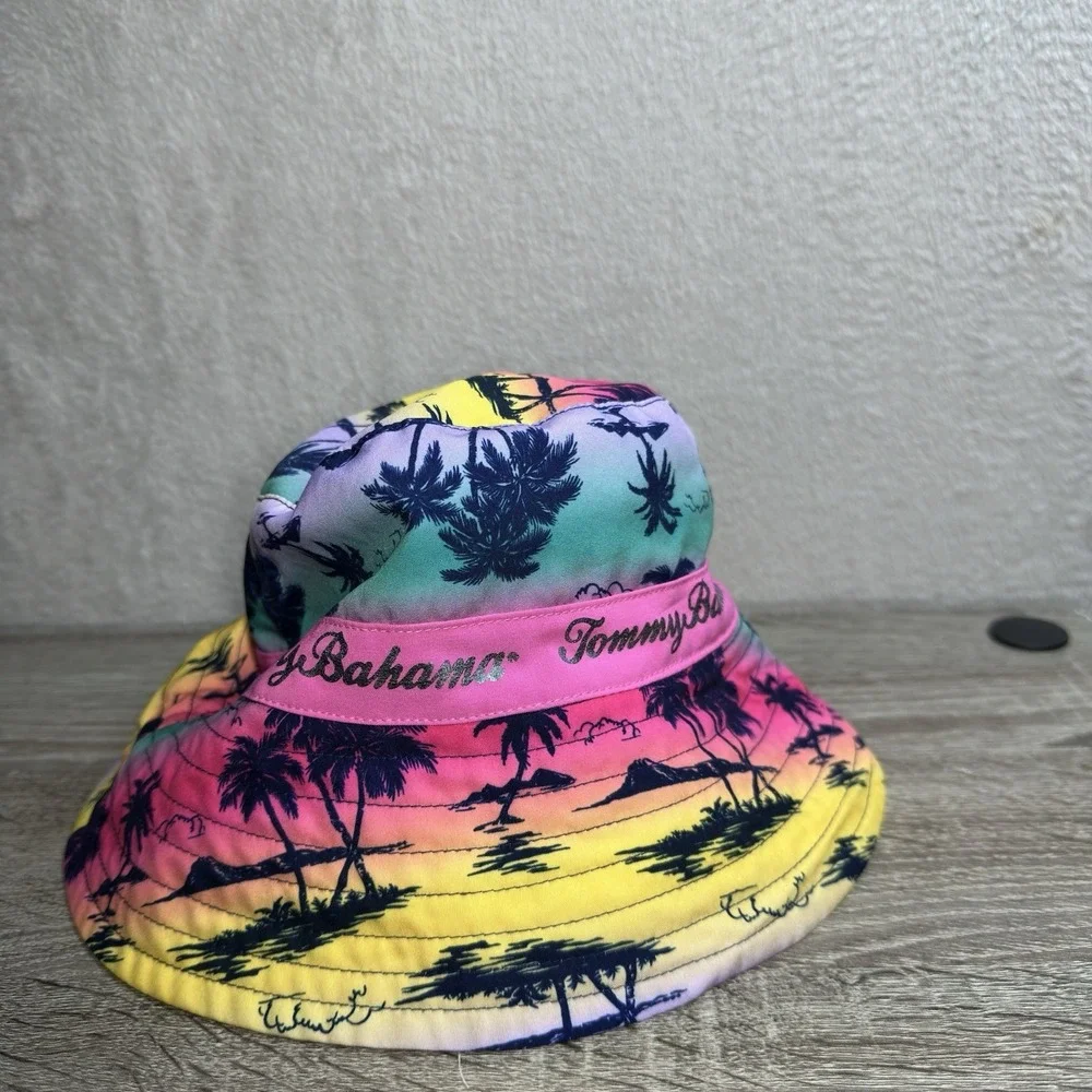 Colorful Tommy Bahama Tropical Palm Tree Logo bucket Hat Draw Sting Youth Sz 5-6